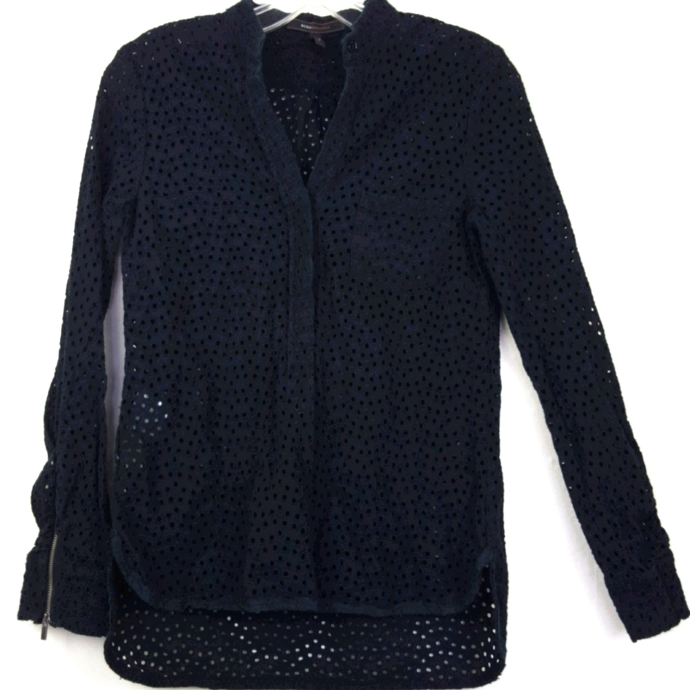 Bcbgmaxazria Black Lola Eyelet Long Sleeve Top M
